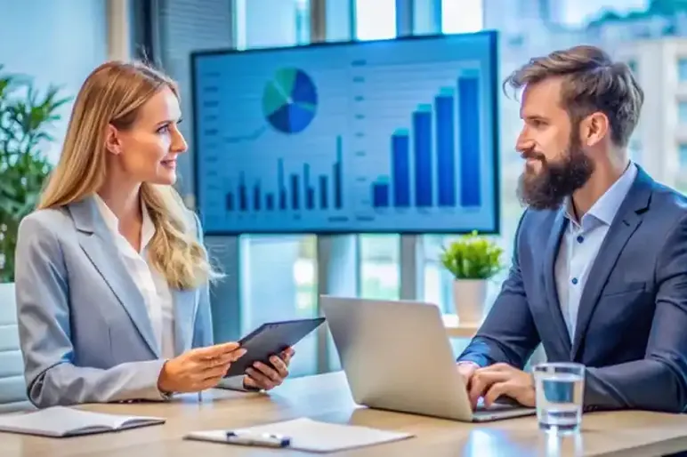 An accountant and a client reviewing figures on screen