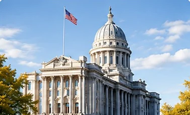 A state capitol building beneath a United States flag